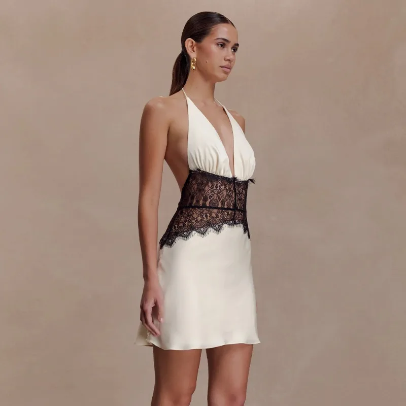 Tuularose Elegant Lace V-Neck Dress Sexy Lace Patchwork Backless Halter Neck Dress Fashion Luxury Slim Women Party Evening Dress