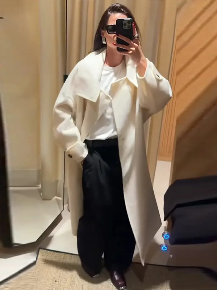 Manteau Long à col montant pour femme, élégant, rétro, Chic, ample, simple boutonnage, manteaux en Tweed blanc, pardessus de rue décontracté, hiver 2025