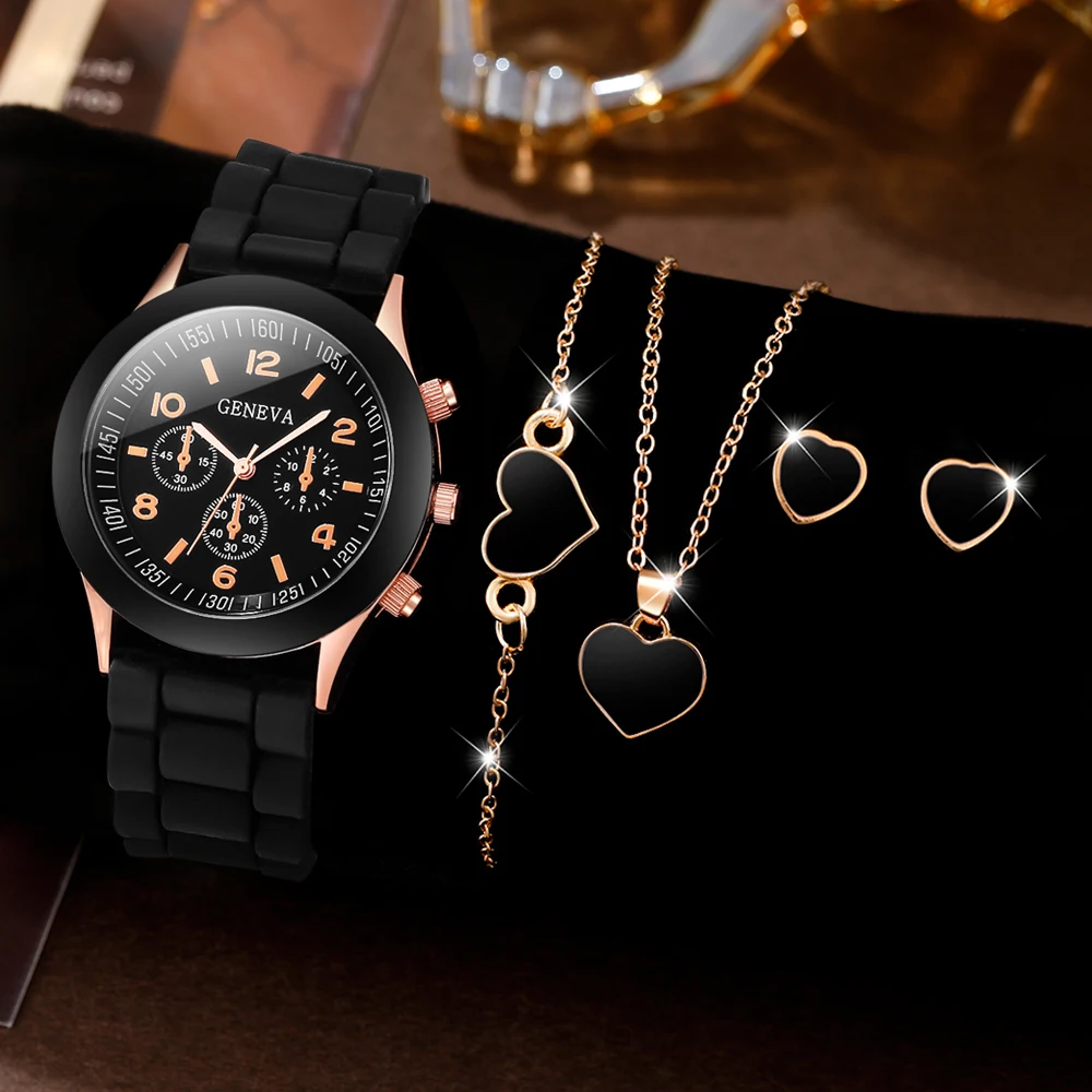 Women's Watch+Heart Pendant Bracelet, Necklace, Earring Combination Set, Women's Fashion Accessories Watch