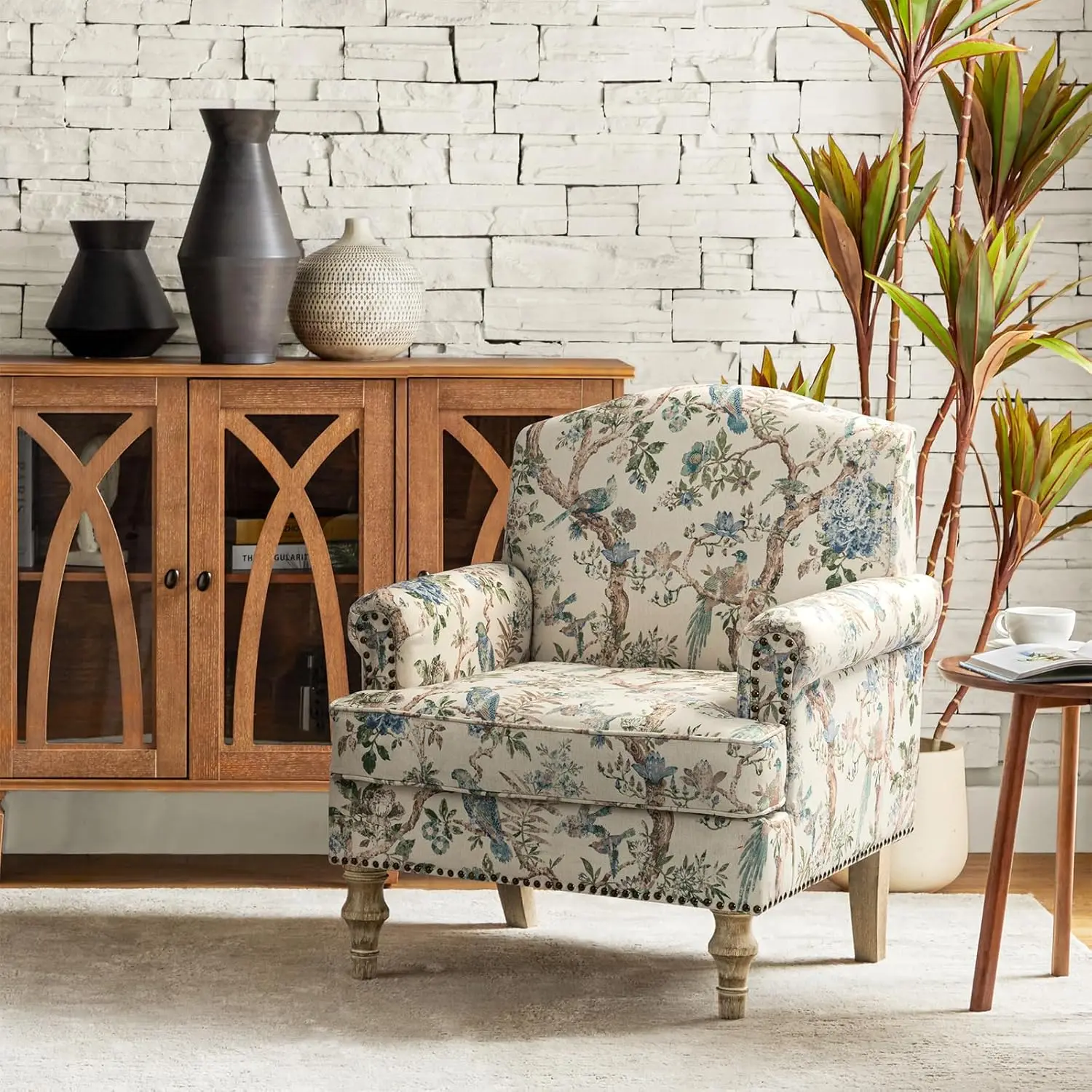

Accent Armchair With Print Floral Pattern, Comfy Upholstered Living Room Accent Chair With Retro Wooden Legs & Nailhead Trim,