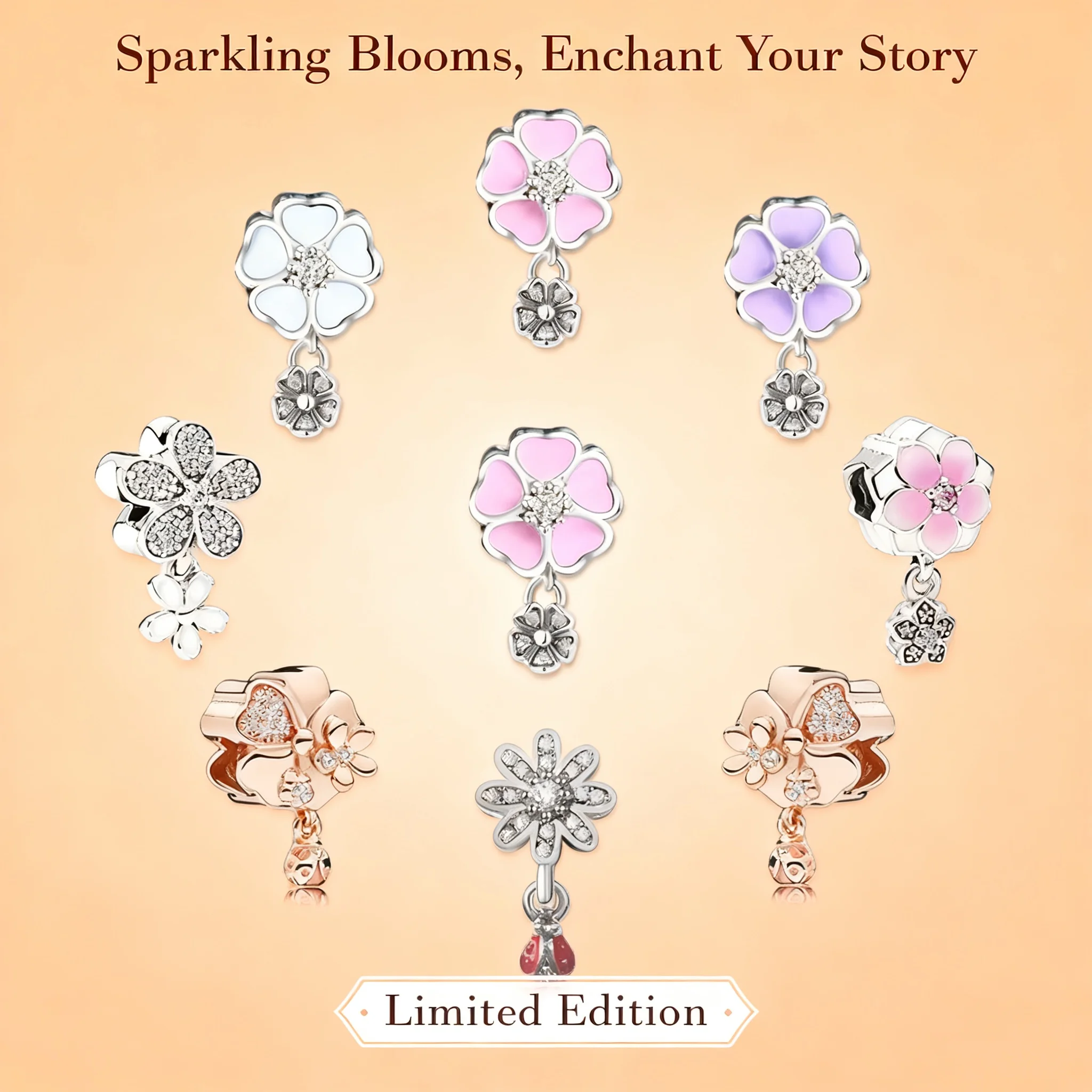 

Hot Selling Floral Rhinestone Beaded Bracelet Pendant Diamond Large Hole Charm Jewelry for Couples Wholesale