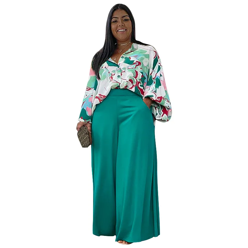 Plus Size Women Clothing Autumn Long Sleeve Printed Top Wide Leg Pants Two Piece Set Oversized Office Lady Elegant Suits Outfits