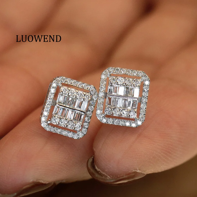 LUOWEND 18K White Gold Earrings Fashion Geometric Design 0.50carat Real Natural Diamond Stud Earrings for Women Party Jewelry