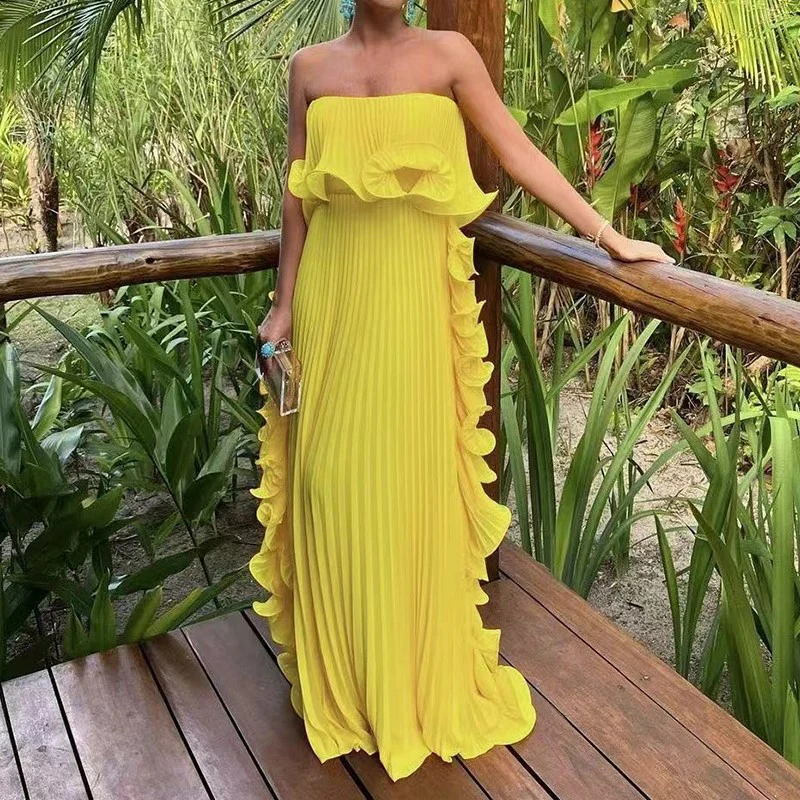 

Женское элегантное вечернее платье без бретелек без рукавов, сексуальное однотонное длинное платье с открытыми плечами, модное плиссированное свободное вечернее платье с оборками