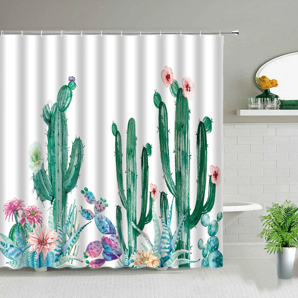 Hand Painted Black And White Tropical Plant Cactus Flower Shower Curtain Bathroom Decor Screen Waterproof Bath Curtain With Hook