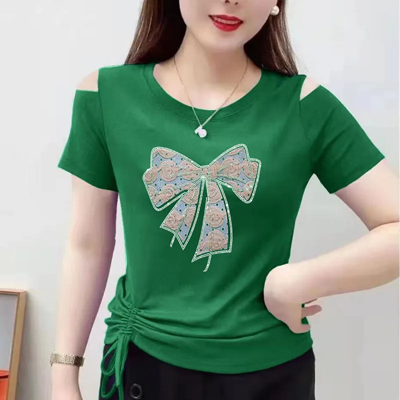 

Fashion Printed Shirring Bandage Off Shoulder T-Shirts Women's Clothing Summer New Loose Casual Tops Commuter Tee Shirts