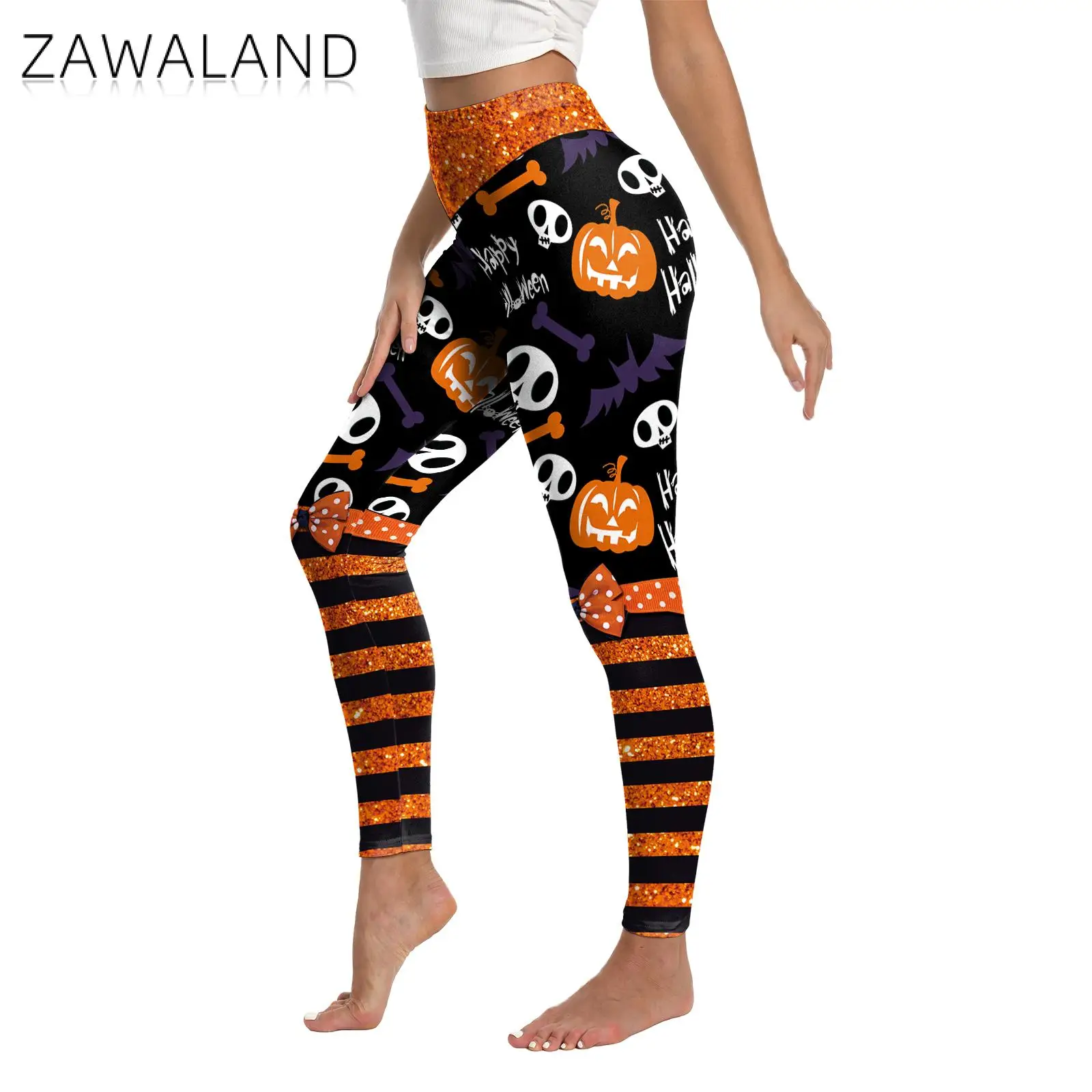 Zawaland ผู้หญิงเทศกาลฮาโลวีนกางเกงขายาว Glitter เข็มขัดกราฟิกกางเกงฟักทองรูปแบบกะโหลกศีรษะเซ็กซี่ Tights Lady Party ด้านล่าง