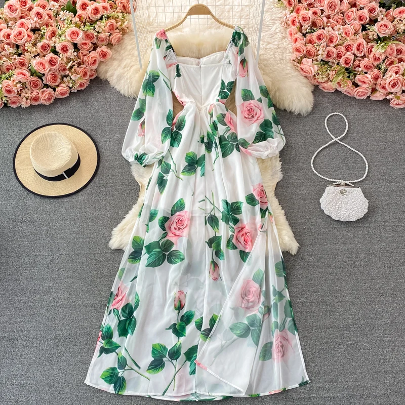 

New Popular Flower Maxi Dress Women Lantern Sleeve Strapless Padded Cup Floral Rose Printed High Split Long Chiffon Vestidos