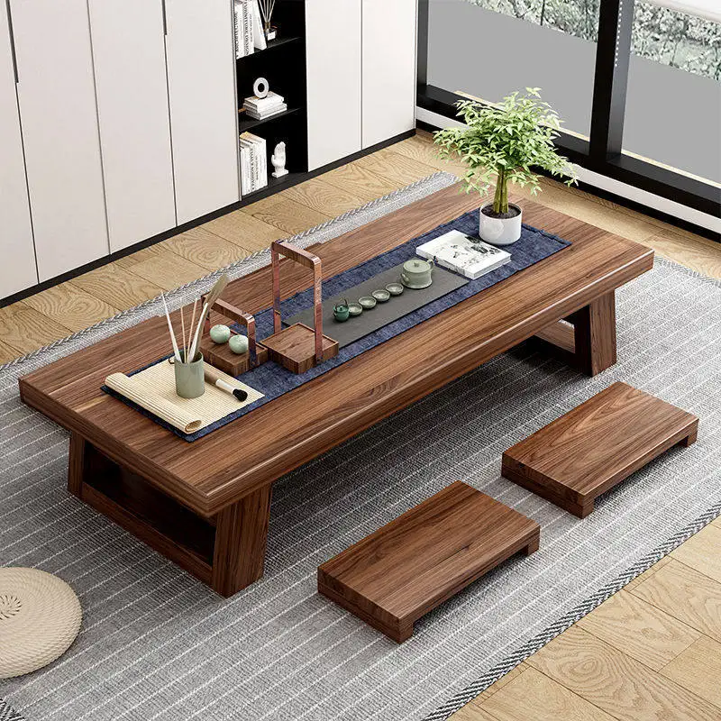 Japanese-style tatami simple solid wood tea table, living room sitting on the floor, long low table