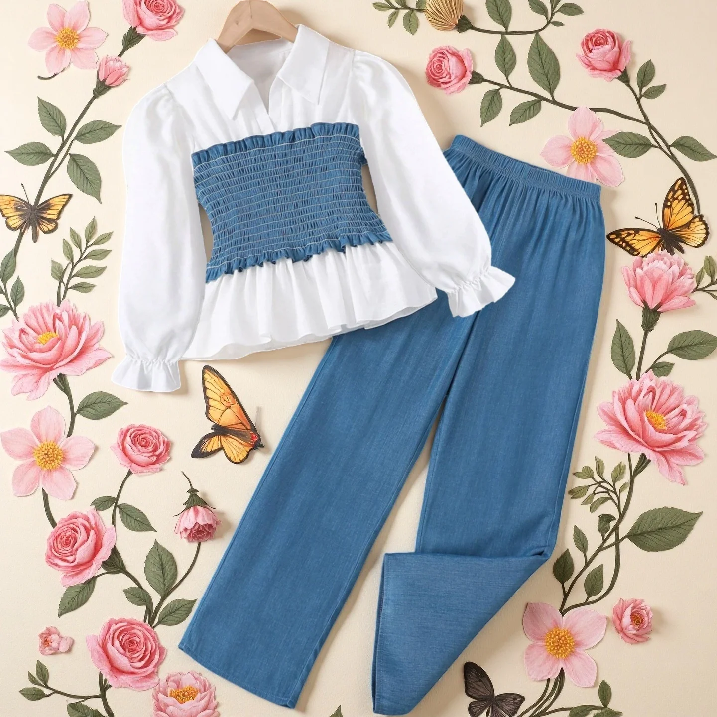 

2025 Girls' Autumn Outfits Two-Piece Set Youngsters Clothes Long Bubble Sleeves Shirt Top + Pant Spring Costumes Girls 8Y To 12Y