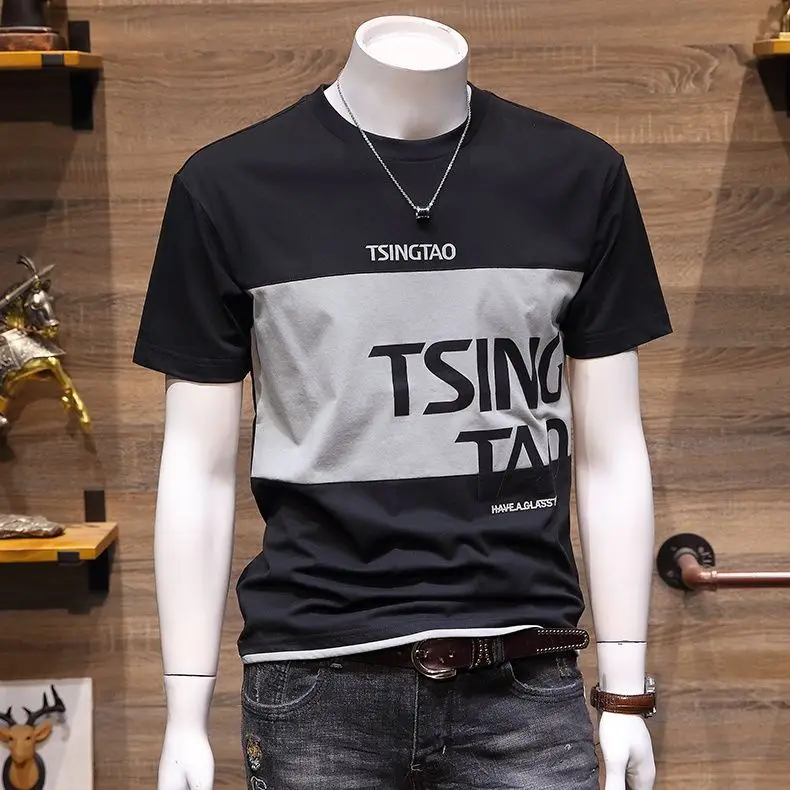 صيف 2025 جديد الكورية نمط الرجال تي شيرتات قصيرة الاكمام 230 جرام القطن الثقيل الرجال إلكتروني طباعة لصق اللون مصمم الموضة المحملة #3