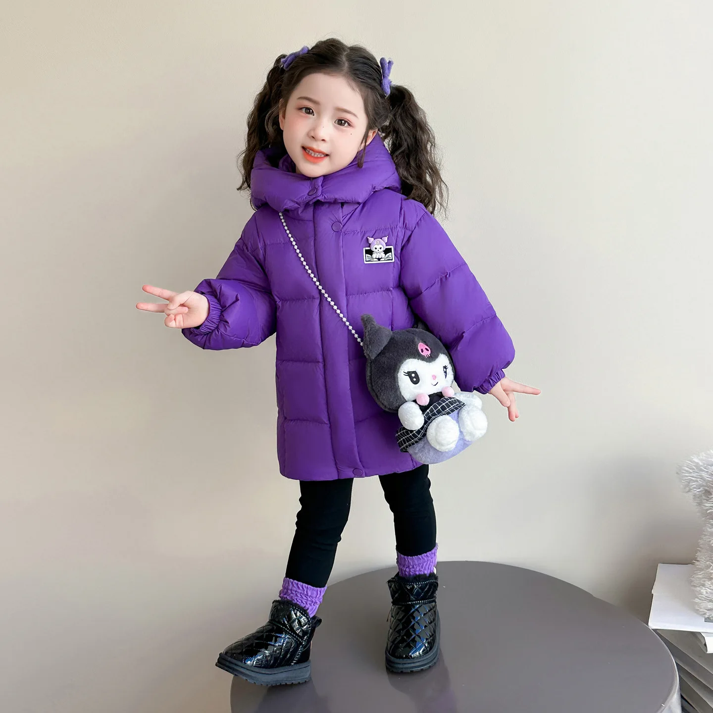 

Anime Kuromi Girls' Winter Fashion White Duck Down Thick Warm Down Jacket Children's cartoon casual winter mid length jacket