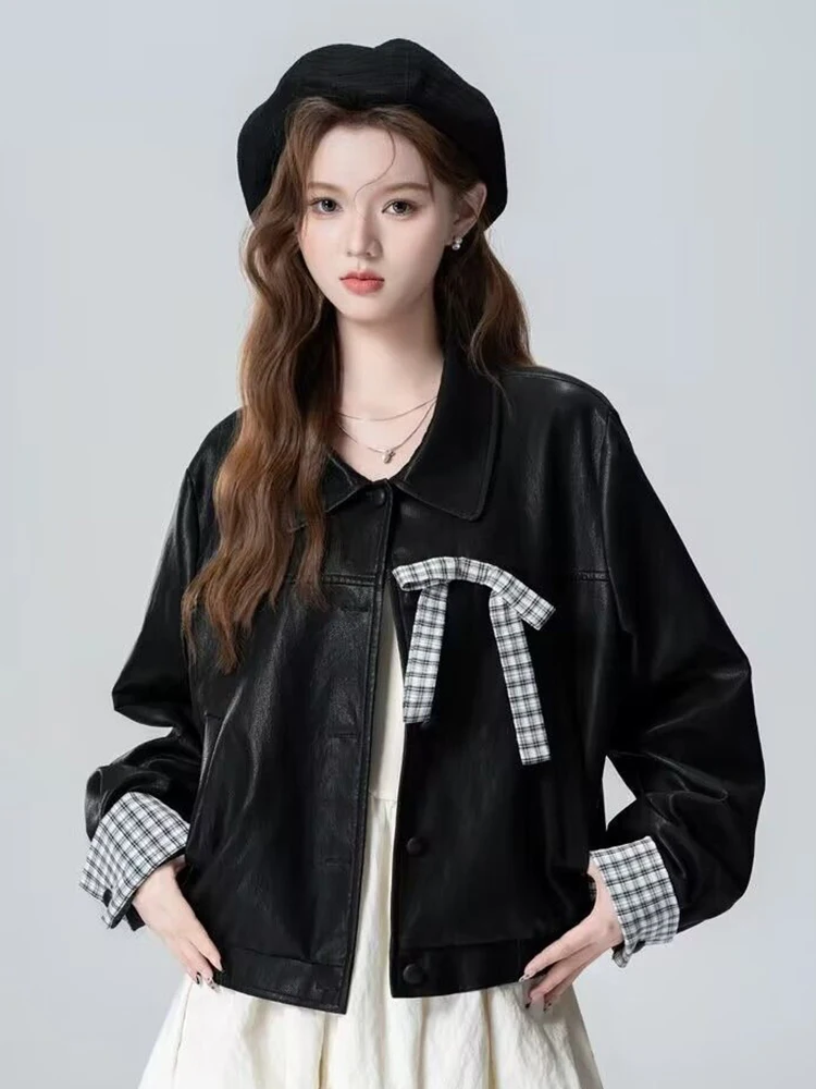 

Zoki Sweet Bow Pu Jacket Женская винтажная байкерская свободная куртка с длинным рукавом Корейская повседневная осенне-зимняя женская лоскутная верхняя одежда в стиле ретро Новинка