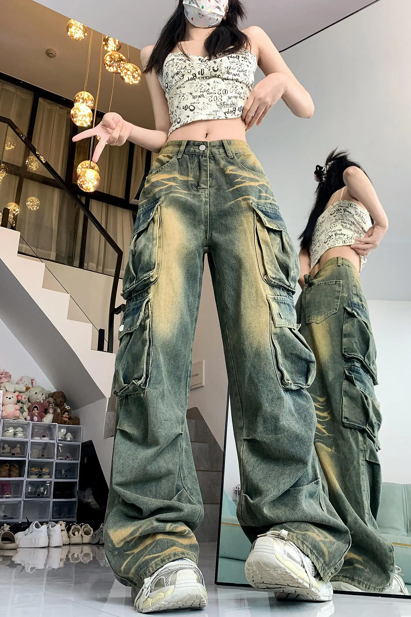 Street Personality Vintage Cargo Pants Women European American Style Jeans for Woman Hip-hop All-match Women Pants High Waist