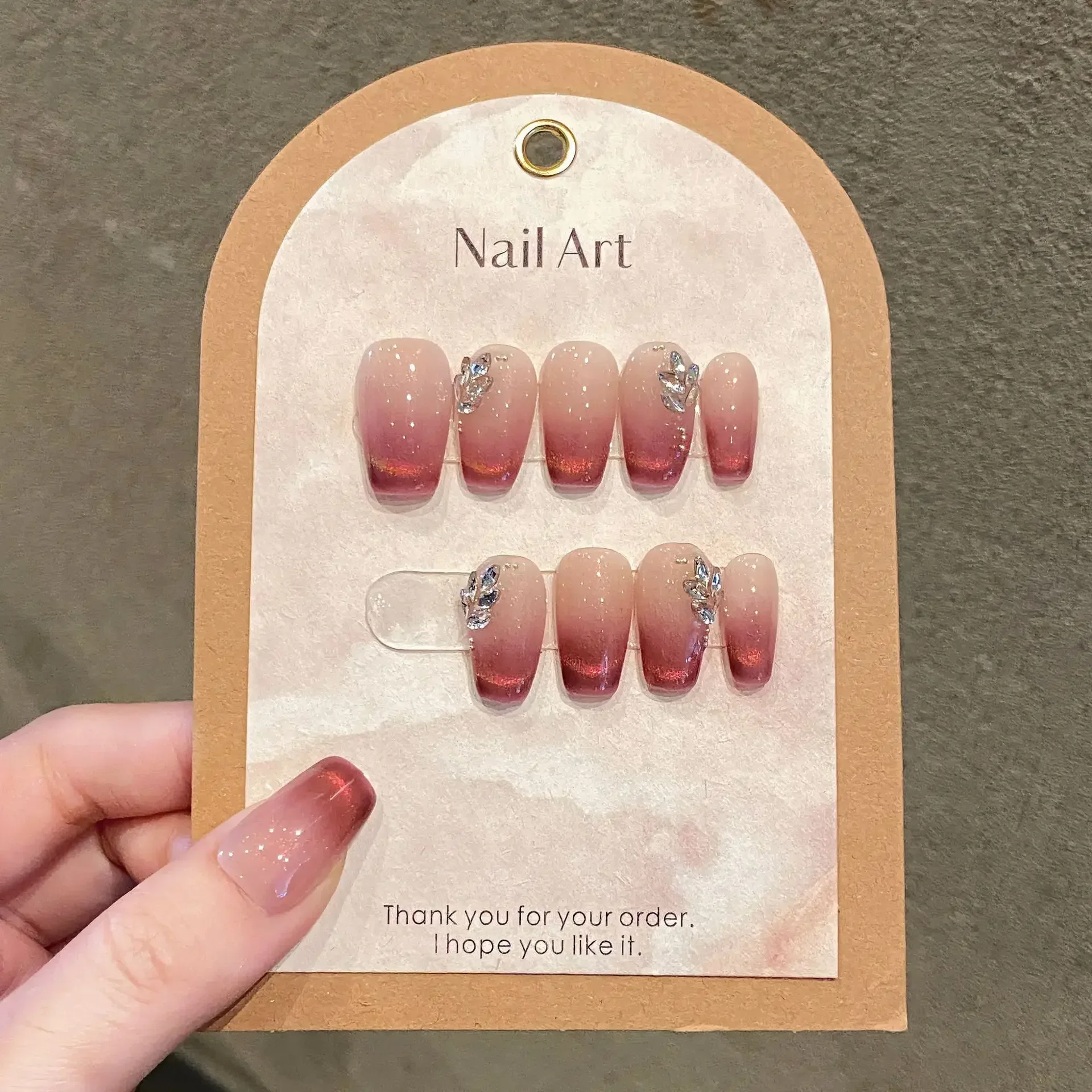 10Pcs Blush Handmade Nude Press on Nails Gradient French Rhinestone Decoration Fałszywe paznokcie do noszenia Full Cover Fałszywe końcówki do