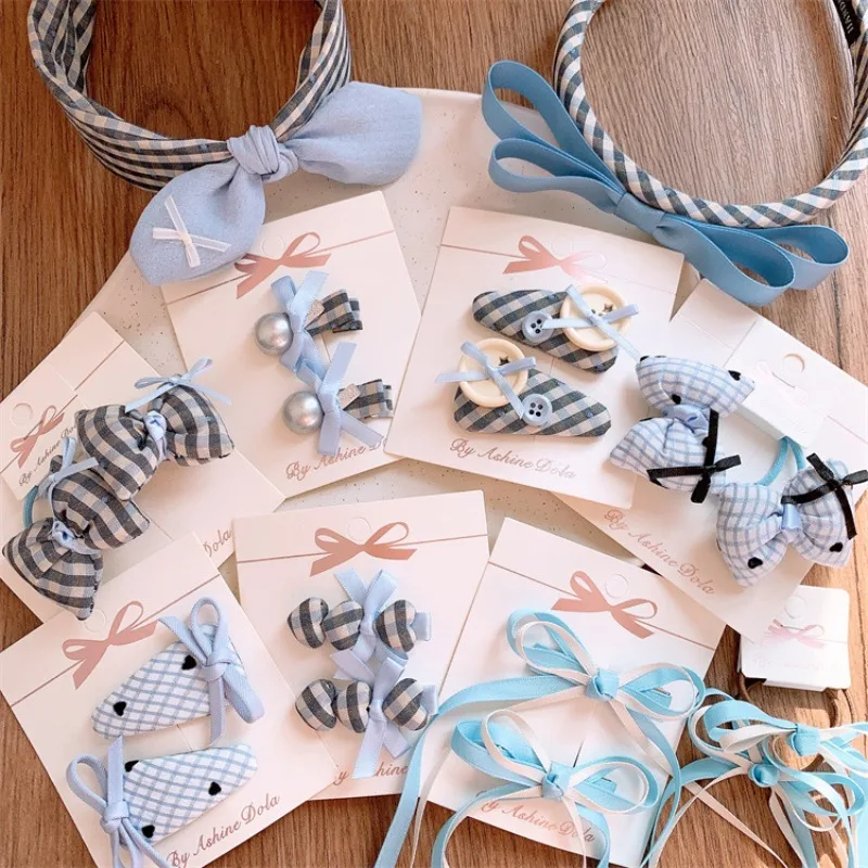 

Blue Plaid Bow Hair Accessories for Toddler Girls Side Clips Headbands Elastic Hair Ties Ponytail Holders Non Slip Hair Ropes