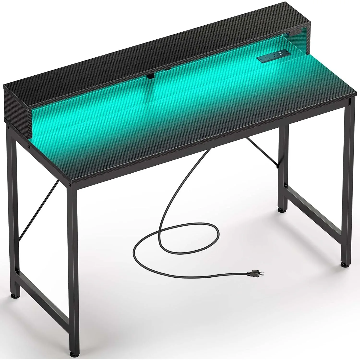 

A 47 inch computer desk with LED lights and power sockets, a home office desk with a display stand, black carbon fiber surface