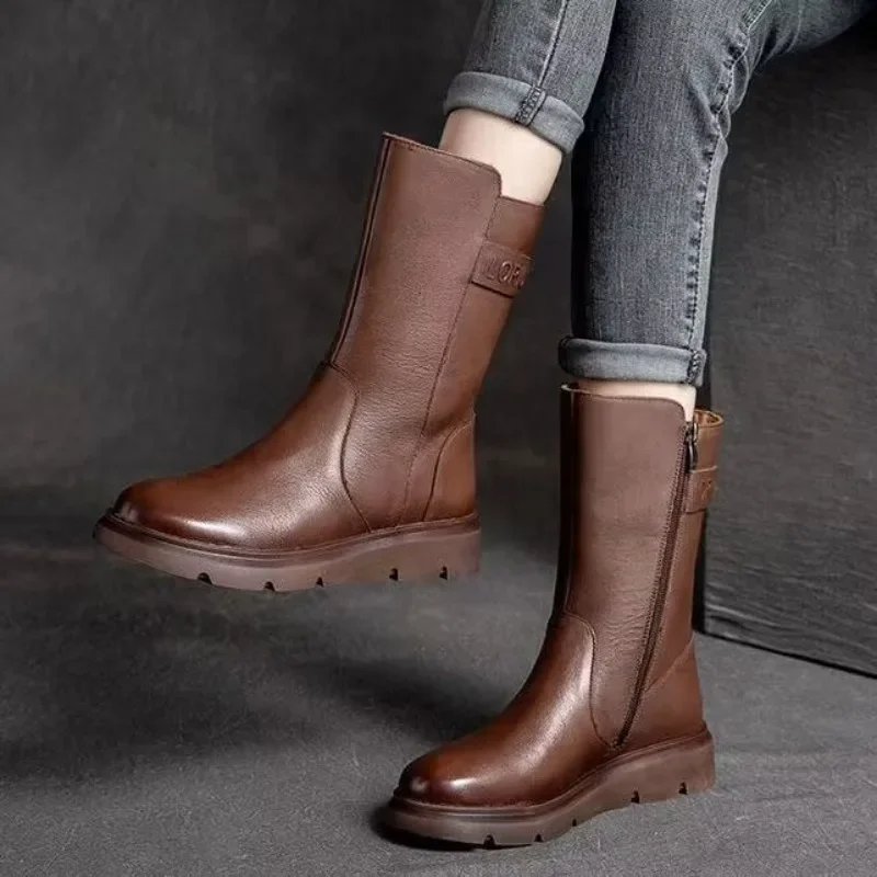 Round Toe Women\'s Half High Boots Elegant Fashion Ladies Mid Calf Shoes Designer Luxury Quality Footwear Winter 2025 Novelty Pu