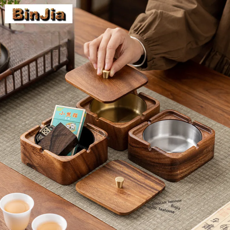 

Walnut Solid Wood Stainless Steel Ashtray Creative Ashtray Closed Ash Tray Household Weed Smoking Drinkware Equipment Ornaments