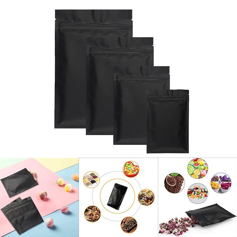 100PCS Matte Black Aluminized Foil Ziplock Packaging Bag Sealable Snack Coffee Tea Sugar Biscuit Storage Pouches Package Case