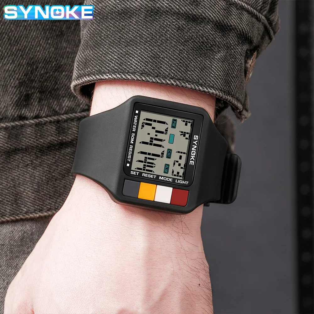 Synoke Digital Watch Men Sports Electronic Watch 5Bar Waterproof Light Large Screen Square Student Watch Outdoor Fashion Trend