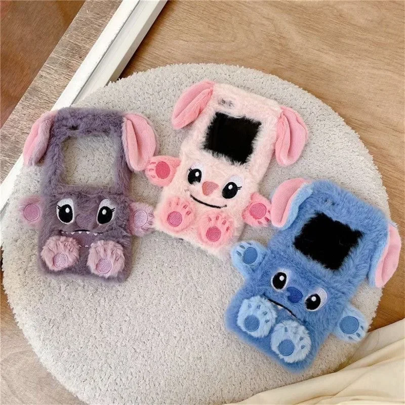 3D Ear Disneies Stitch Angel Cartoon Plush Phone Case for Samsung Galaxy Z Flip 3 4 Z Flip 5 6 5G PC Hard Anti-fall Back Cover