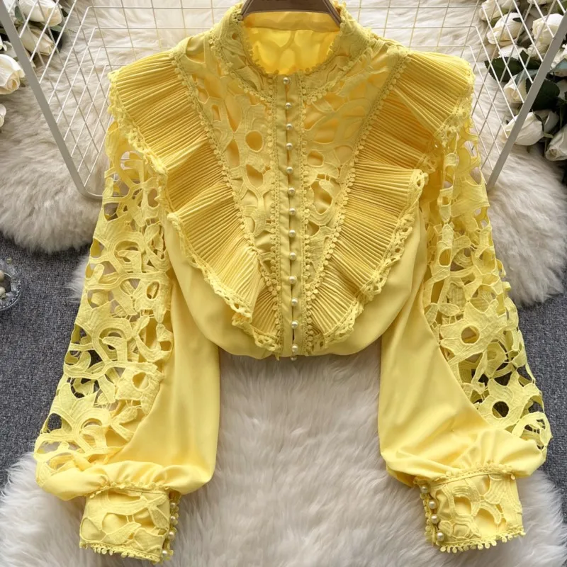 

New Fashion Elegant Hallow Out Solid Tops for Women Vintage Sexy Casual Ruffler Shirts Blouses Long Sleeve Female Party Blusa