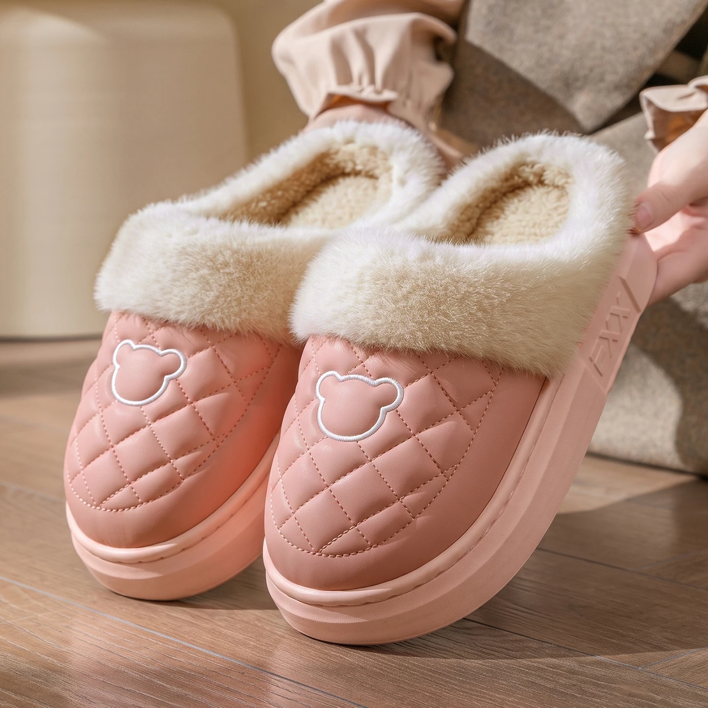 Herren Damen Winter Warme Hausschuhe Wasserdichte Plattform Dicke Sohle Fell-Slides Gemütliche Plüsch Rutschfeste Weiche Indoor Outdoor Baumwoll-Mules – Detail 12
