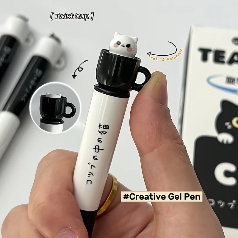 

4Pcs Tea Cup Cat Rotating Gel Pen 0.5mm Quick-Dry Ink Cute Cartoon Retractable Pen for Students High-Value Stationery