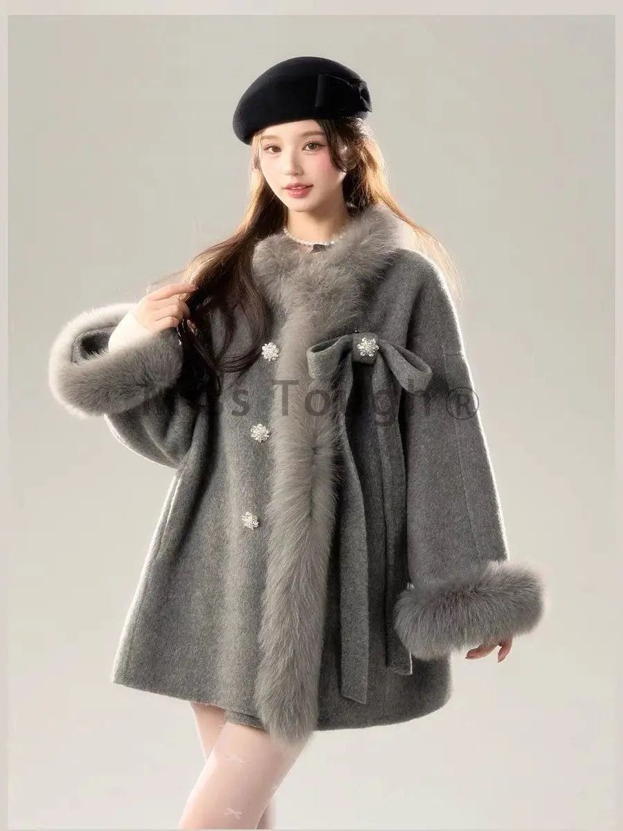 Winter Loose Button Vintage Gray Overcoat Women Korean Fashion Warm Hoodie Casual Outerwear New Design Chic Retro Wool Coat 2024