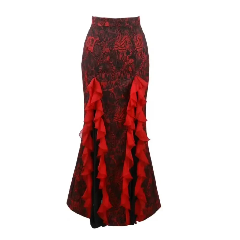 Blood Supply Original Devil Gothic Rose Print Long Skirt Punk Girls X-long Chiffon Mesh Patch Trumpet Skirt Red Black Summer