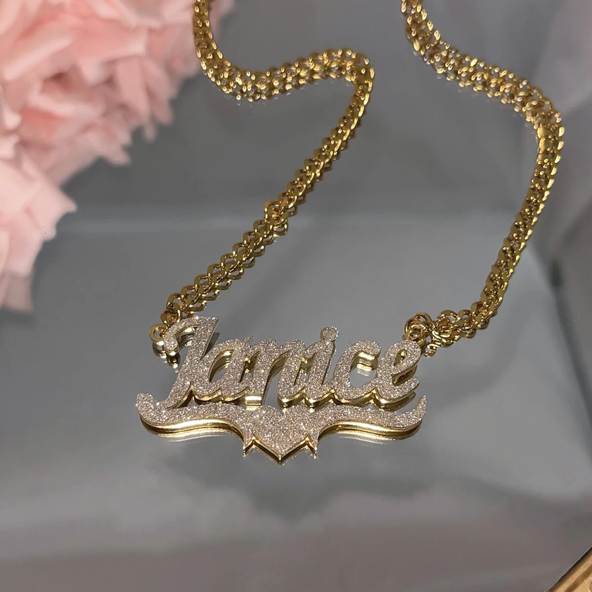 Personalized Name Necklace Custom Bling Name Necklaces Gold Stainless Steel Cuban Chain Choker for Women Necklace Jewelry Gift