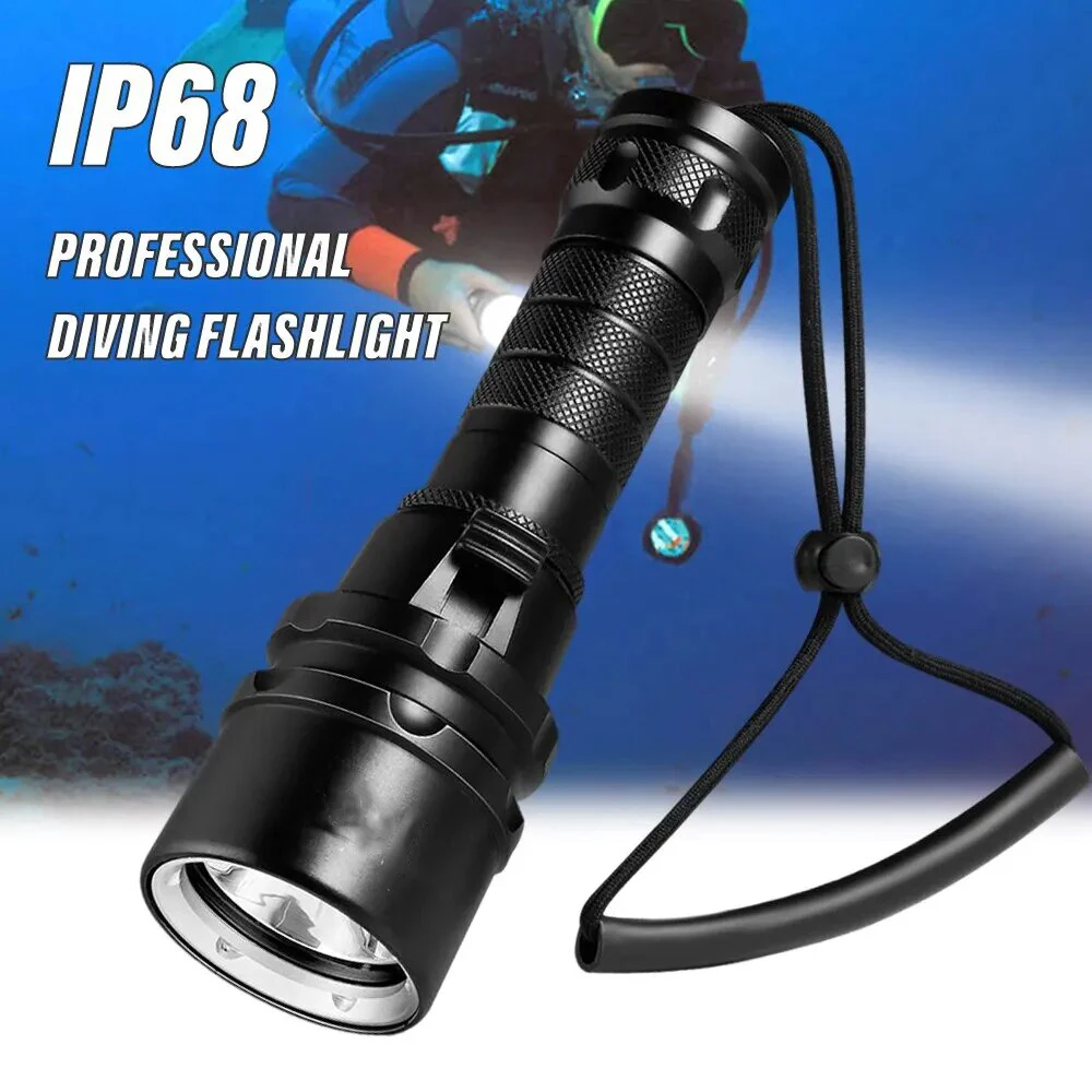 High Power Diving Flashlight IP68 Highest Waterproof Rating Professional Diving Light Powered by 18650 Battery With Hand Rope