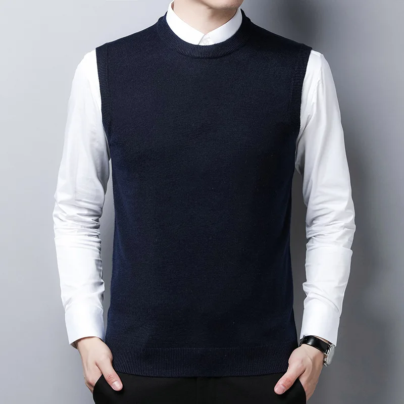 

Autumn and Winter New Men's Round Neck Sweater Undershirt Knitting Sleeveless Wool Sweater Round Neck Warm Men's Tops