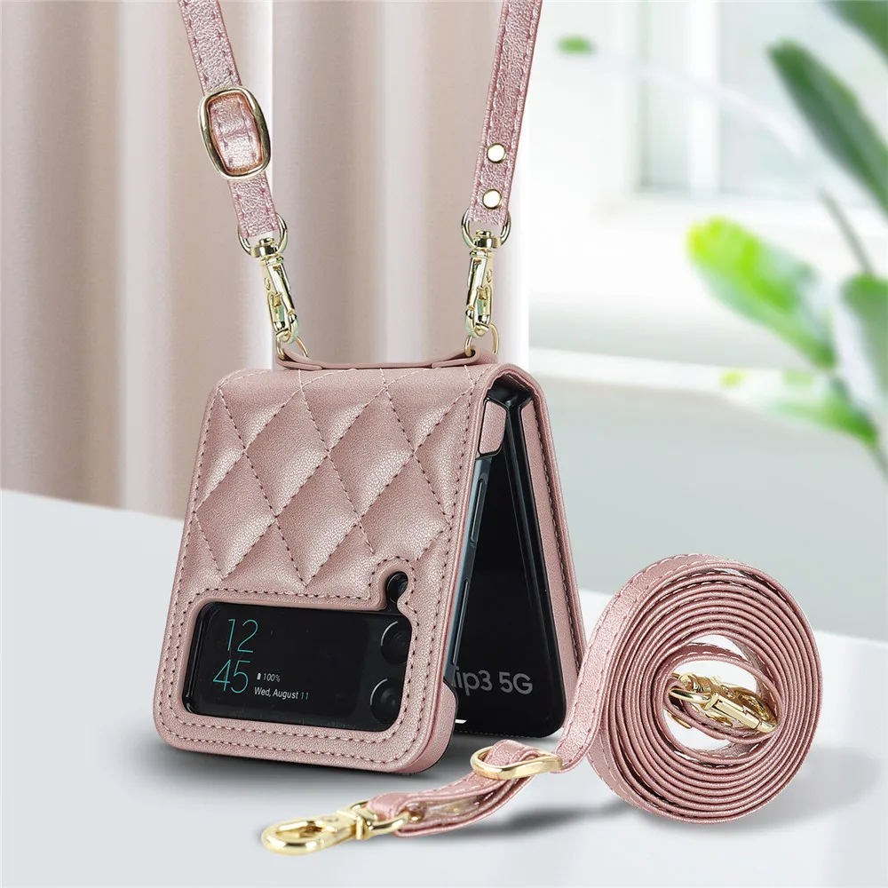 Luxury Crossbody Leather Case For Samsung Galaxy Z Flip 7 6 5 4 3 5G Long Rope Lanyard Shockproof Bumper Lens Protector Cover