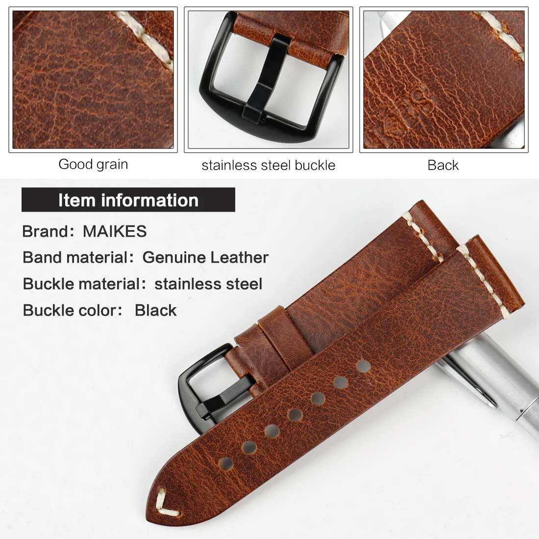 MAIKES Genuine Cow Leather Watch Strap Handmade Watchbands Vintage Red Wristband For Panerai 20mm 22mm 24mm Watch Band