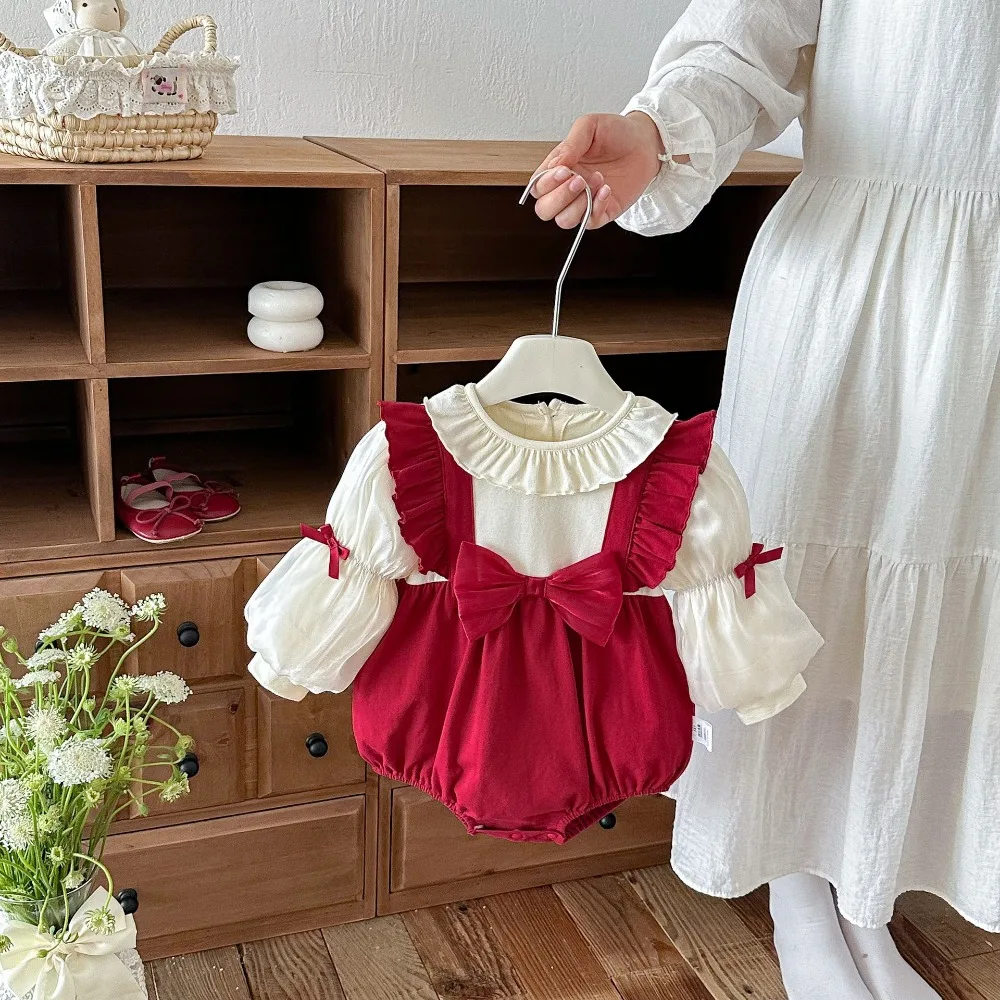 Princess Baby Girl Romper 0-2Years Cute Newborn Puff Sleeve Patchwork Bow Bodysuit Birthday Party Outfits Autumn Clothes