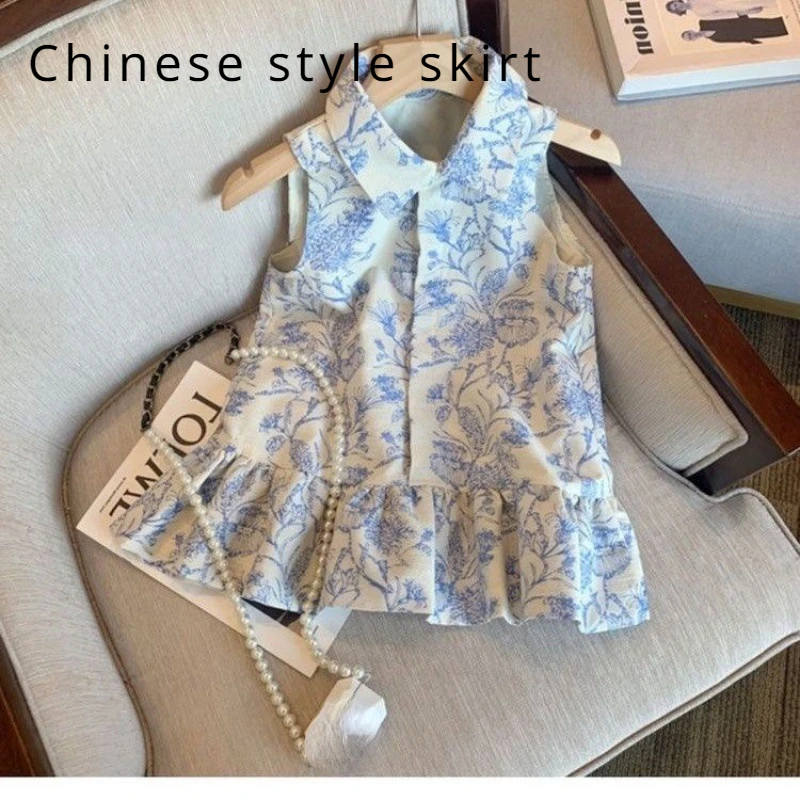 1-12Y Girls 2024 new dress ink painting foreign style new Chinese print Polo collar sleeveless summer temperament shoulder