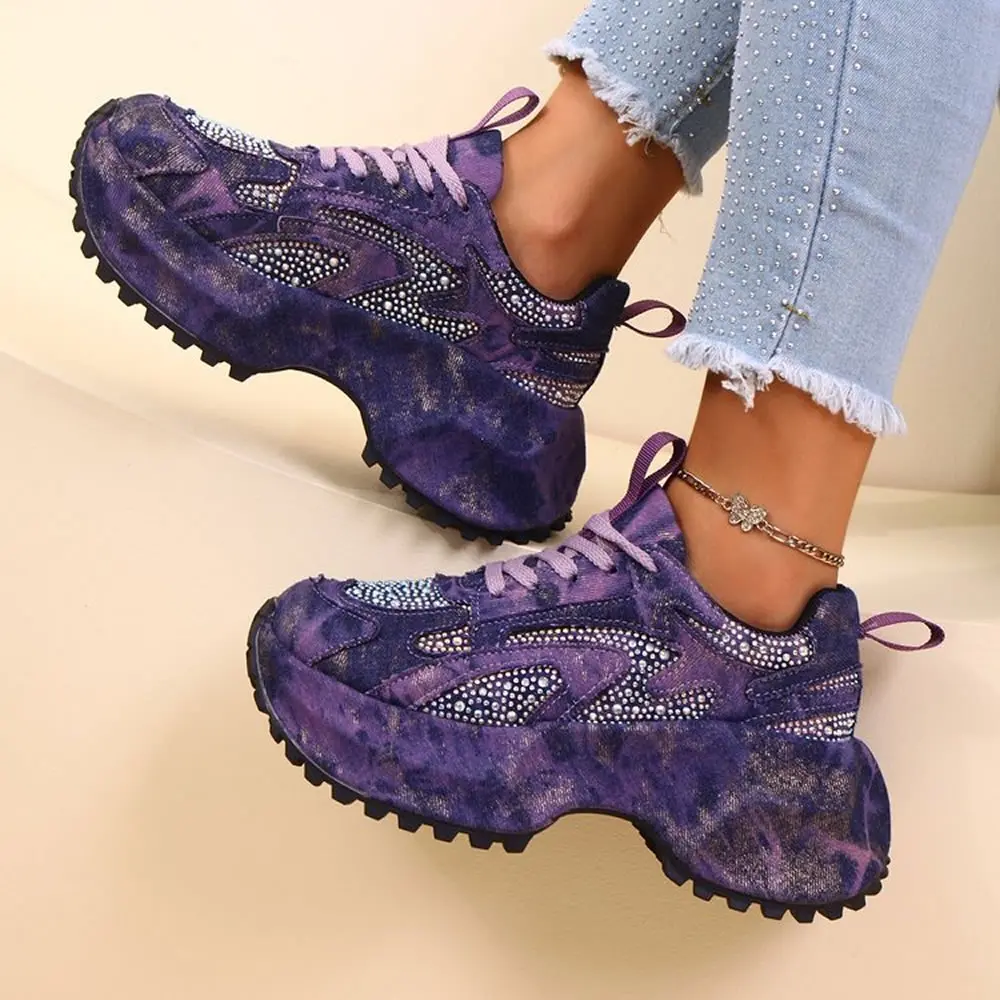 Luxury Rhinestone Chunky Sneakers for Women Fashion Purple Denim Platform Sports Shoes Woman Non Slip Thick Sole Vulcanize Shoes