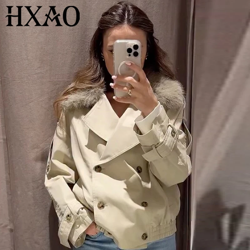 

HXAO Women's Windbreaker Cropped Waterproof Trench Coat Woman Oversize Double Breasted Long Sleeve Coats Korean Popular Parkas