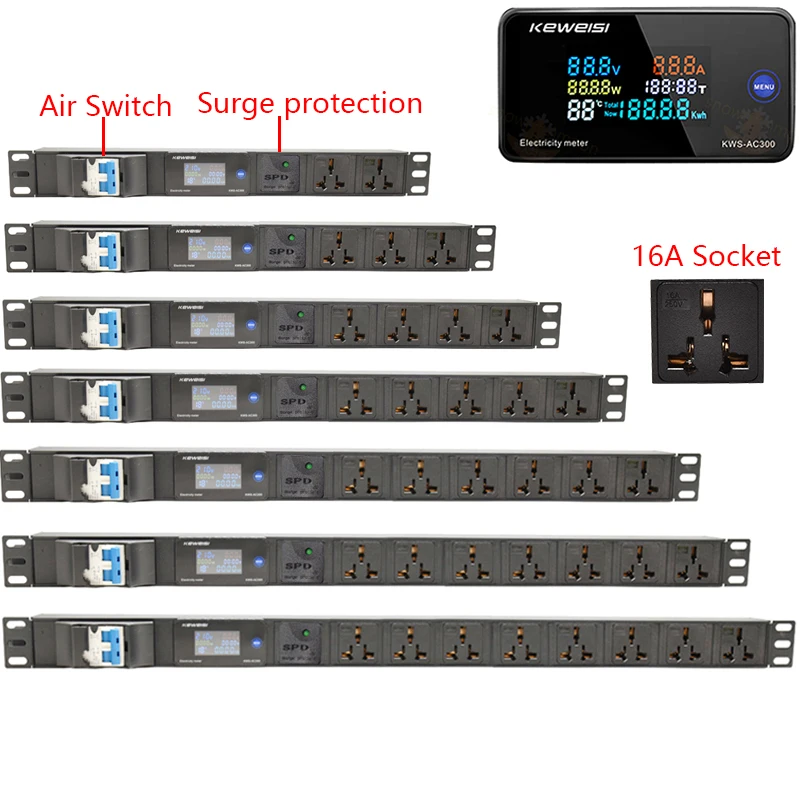 Network rackmount PDU power strip Ammeter/voltmeter/power tester 2-7-way 16A universal socket surge protection 16A Air Switch