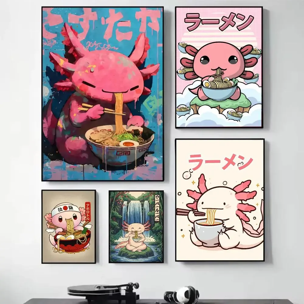 Ramen Axolotls Art Design Painting Calligraphy Self Adhesive Wall Art Waterproof Print For Bedroom Hallway Home Decor