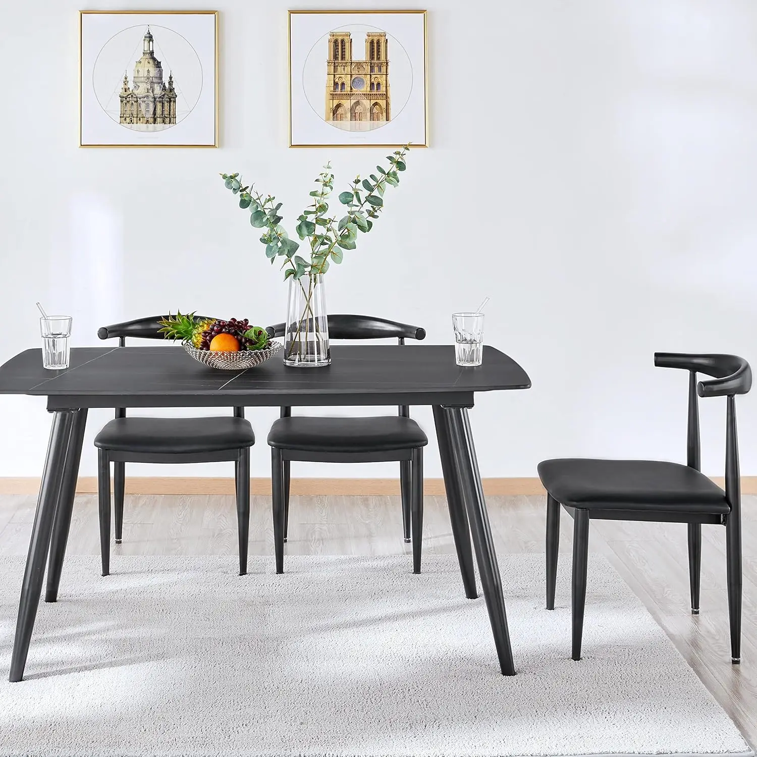 2Pcs Dining Chairs Mid  Armless With Backrest Fabric Leather Seat Metal Legs For Kitchen Living Room Chair - Black