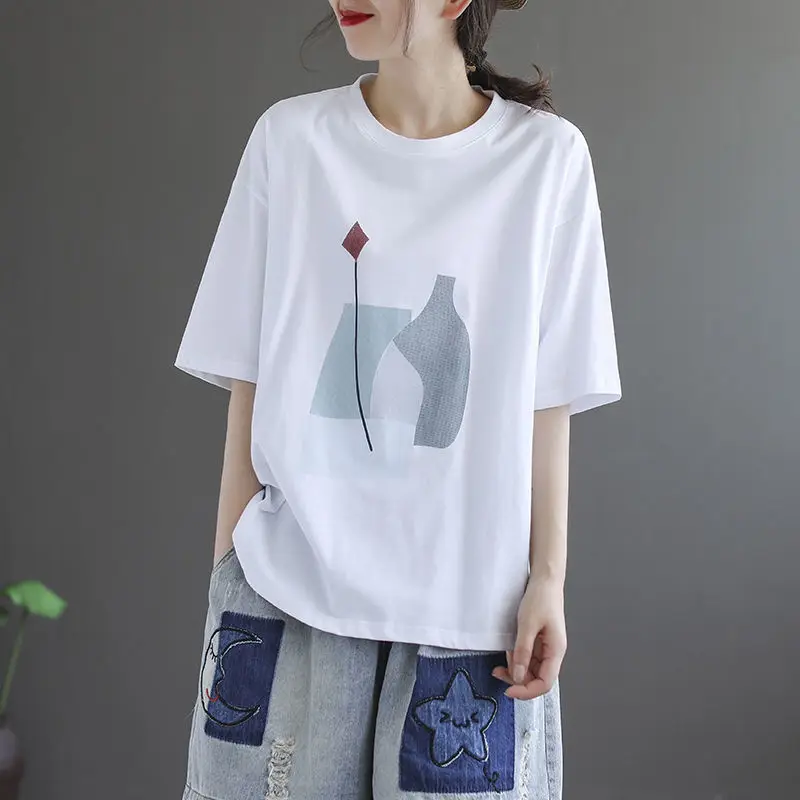 Summer Plus Size Short Sleeve T Shirt Women Vintage Oversized T-shirt Loose Ladies Shirt Casual Tops 100% Cotton