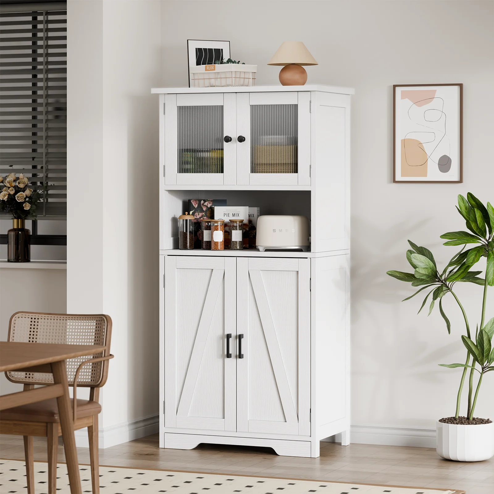 Mobiletto da ingresso alto, autoportante, con 4 ante, 2 ante in vetro, ripiani regolabili, stile rustico moderno, ideale per ingresso, cucina e bagno, dimensioni 60×30×128 cm.