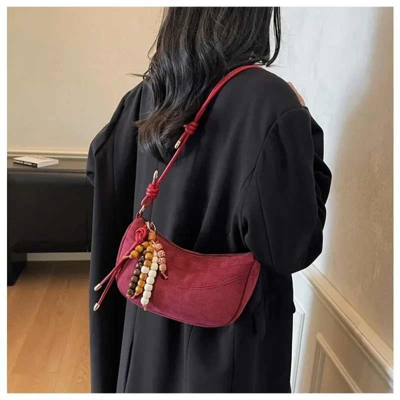 

New Zipper Sewing Thread Faux Suede Sweet Shoulder Bags 2025 High Quality Solid Color Commute Design Crossbody Bags for Women
