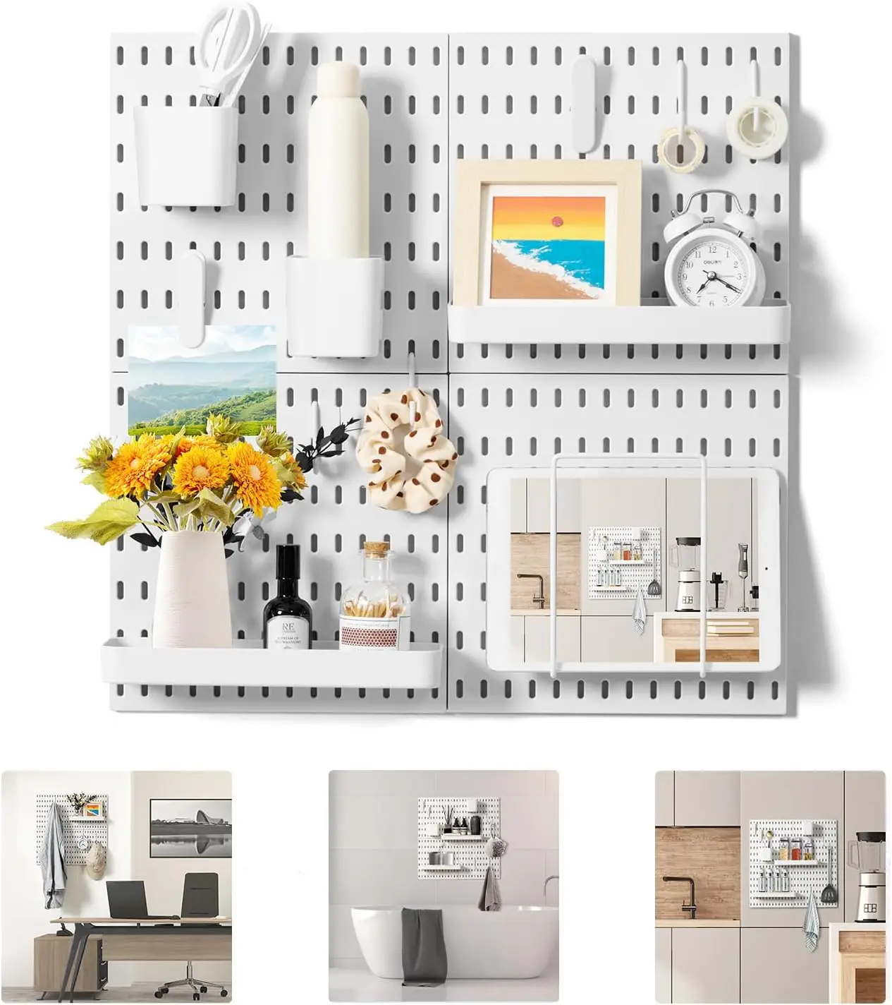 

Pegboard Wall Organizer Kit, 4 Panels 17 Accessories Modular Hanging Storage for Bedroom Home Office Bathroom, 22x22 inch White