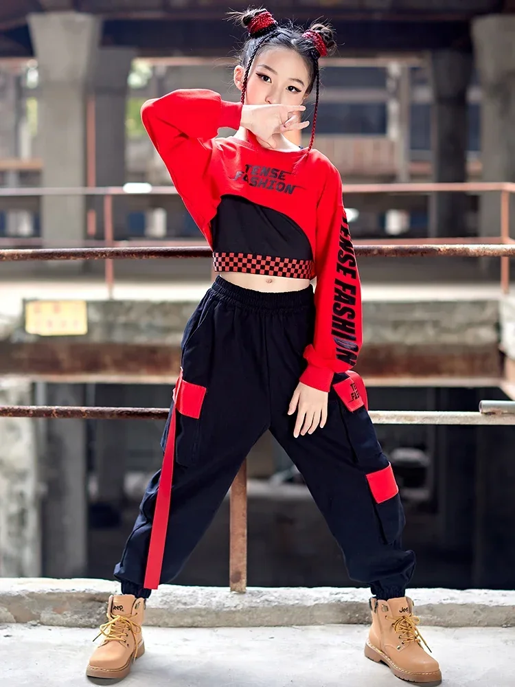 Teen Kids Fashion Streetwear Stage Outfit  Girls Kpop Hip Hop Clothes Jazz Dance Costume Red Crop Tops Cargo Pants