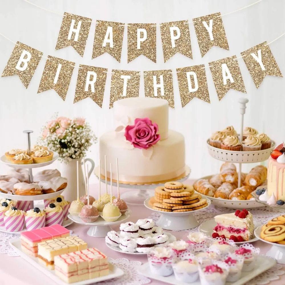 Golden Rose Gold Happy Birthday Banner Happy Birthday Party Decoration Supplies