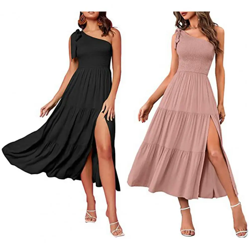 2023 Summer Sexy Cocktail Mid Length Dress Solid Color One Shoulder Hem Slit Dress Evening Dress Party Dress